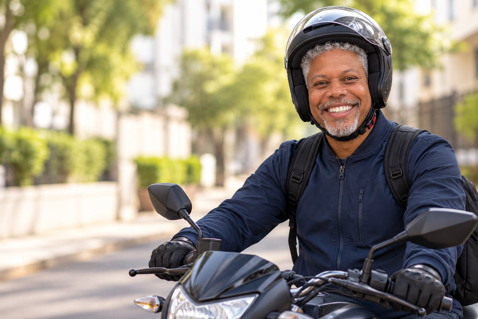 Imagem ilustrativa de Lander Reyz, de capacete, sentado em uma moto parada